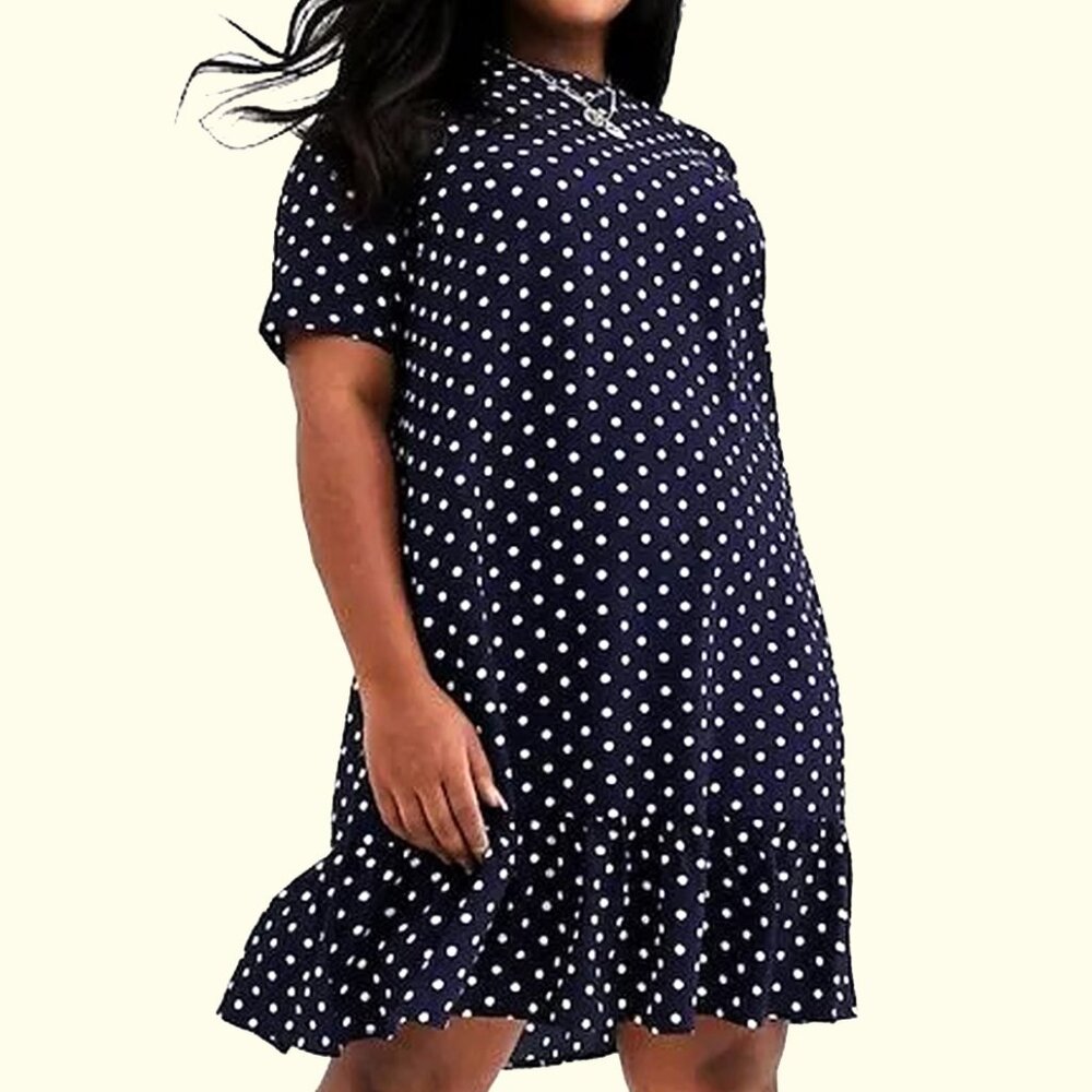 AnnTaylor Navy Blue Polka-Dot A-Line Ruffle Women Midi Dress Size 12